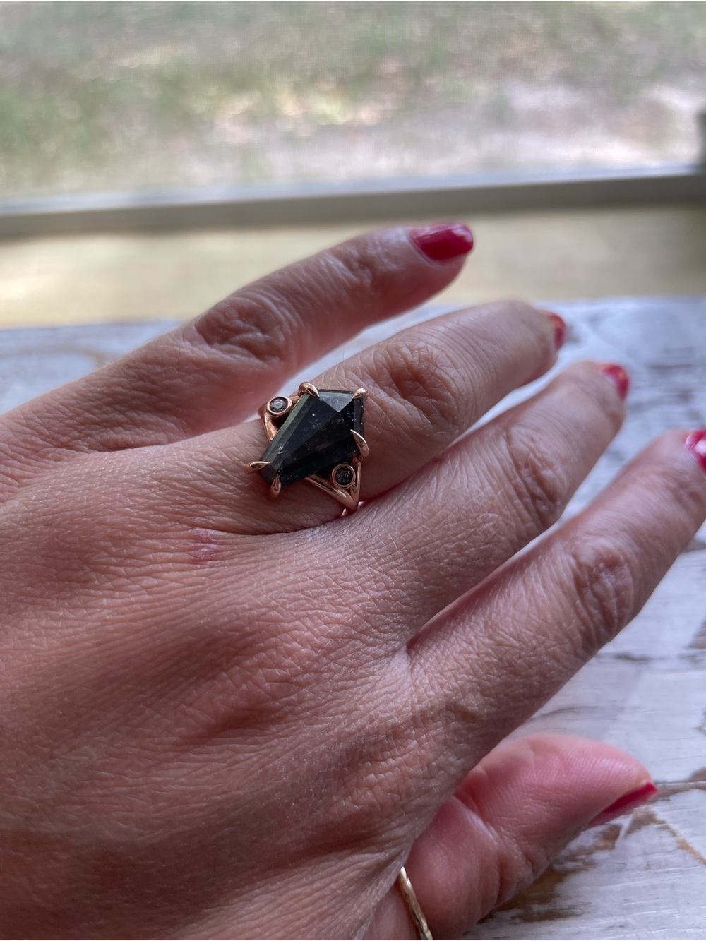 Rose Gold Ring with coffin cut salt and pepper diamond